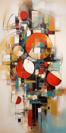 High Resolution: Abstract painting featuring overlapping geometric shapes including large red white circles black outlines amidst smaller squares in blue yellow brown download. | HRJPG.com
