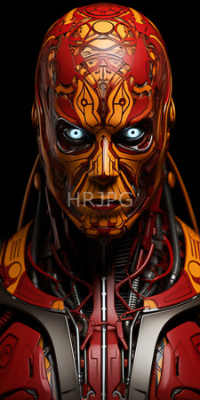 High Resolution: Android with intricate red and yellow circuitry patterns covering its face resembling Wolverine's mask design glowing blue eyes stare intensely download. | HRJPG.com