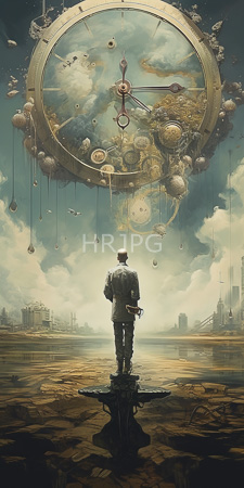 High Resolution: Individual in gray suit standing on a pedestal facing large floating clock adorned with planets and gears against cloudy sky download. | HRJPG.com