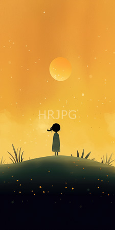 High Resolution: Silhouette girl with pigtails standing on an elevated grassy hill at sunset or sunrise gazing upward toward a large orange sun download. | HRJPG.com