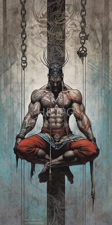 High Resolution: Muscular shirtless male figure dark skin intricate tattoos sitting cross-legged in front of ornate chains hanging from above download. | HRJPG.com