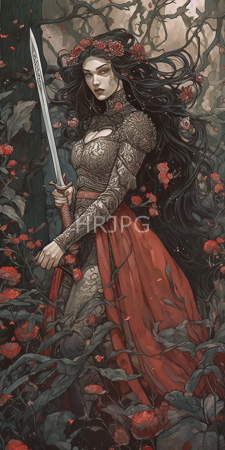 High Resolution: Ethereal woman long flowing black hair adorned in red flowers wearing intricate lace armor over a crimson skirt holding a silver sword download. | HRJPG.com