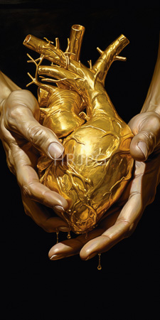 High Resolution: Two hands holding an intricately detailed shiny golden human heart against a black background veins and arteries prominently visible download. | HRJPG.com