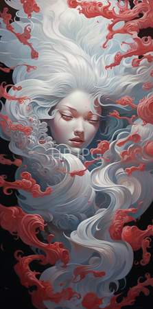 High Resolution: Ethereal pale-skinned woman long flowing white hair enveloped in swirling red smoke-like tendrils against a black background download. | HRJPG.com