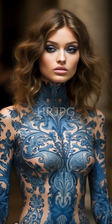 High Resolution: Attractive light-skinned woman wavy brown hair striking blue eyes wearing intricate dark-blue baroque-style tattoos covering her entire upper body download. | HRJPG.com