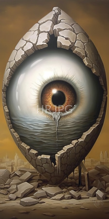 High Resolution: Surreal artwork depicting an enormous cracked eggshell with one large eye at its center brown iris and pupil surrounded by reflective water download. | HRJPG.com