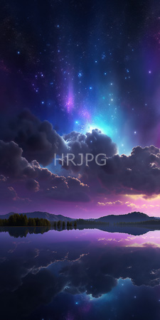 High Resolution: Ethereal night scene with vibrant colorful auroras illuminating dark clouds above calm lake waters reflecting starry sky download. | HRJPG.com