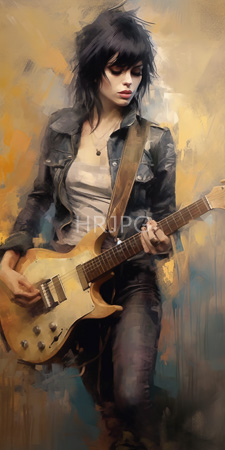 High Resolution: Androgynous pale-skinned musician messy black hair playing a beige electric guitar against abstract yellow-brown background download. | HRJPG.com