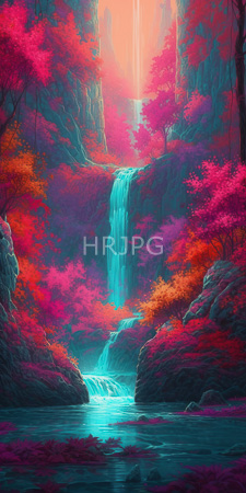 High Resolution: Ethereal vibrant forest scene featuring a cascading waterfall at its center surrounded by vivid pink and red foliage on rocky cliffs download. | HRJPG.com