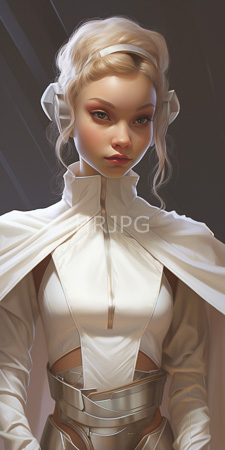 High Resolution: Attractive young blonde woman fair skin blue eyes in futuristic white attire high-necked top cut-out midriff section silver belt download. | HRJPG.com