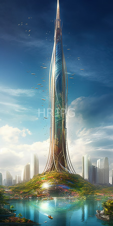 High Resolution: Futuristic towering skyscraper with organic design elements rising from lush green hill by serene lake surrounded by smaller modern buildings download. | HRJPG.com