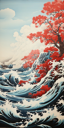 High Resolution: Intricate colorful ukiyo-e style depicting dynamic ocean waves crashing against mountains with vibrant red-leaved trees on their slopes download. | HRJPG.com