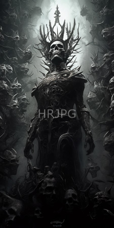 High Resolution: Dark fantasy artwork depicts an imposing figure with skeletal features and large antler-like horns standing amidst swirling fog surrounded by numerous skulls download. | HRJPG.com