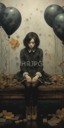 High Resolution: Melancholic painting depicts an androgynous child short brown hair sitting on scattered paper confetti against a muted gray wall download. | HRJPG.com