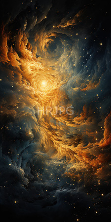 High Resolution: Ethereal swirling galaxy with vibrant golden orange clouds centered around a bright luminous core surrounded by dark nebulous regions download. | HRJPG.com