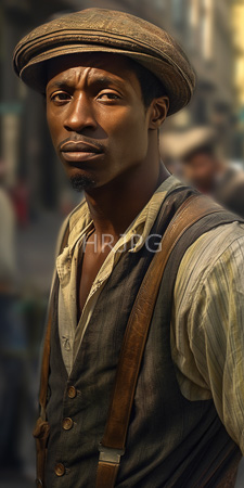 High Resolution: African-American man dark skin wearing a brown flat cap and worn gray vest over striped shirt suspenders hang from his shoulders download. | HRJPG.com