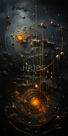 High Resolution: Abstract cosmic scene with two prominent glowing orange spheres at different levels of orbit within swirling dark clouds download. | HRJPG.com