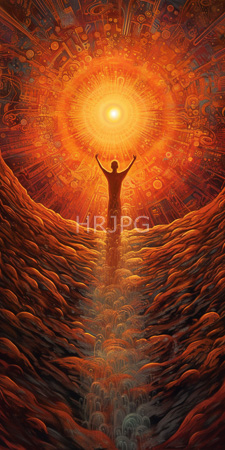 High Resolution: Ethereal silhouetted figure with arms raised towards a radiant orange sun at center top of swirling red yellow patterns download. | HRJPG.com