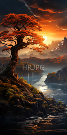High Resolution: Enchanting sunset landscape featuring a twisted ancient tree with vibrant orange leaves on rocky terrain beside shimmering waterfalls and lakes download. | HRJPG.com