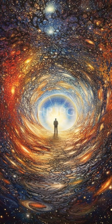 High Resolution: Astronaut silhouette standing at the center of swirling colorful cosmic tunnel with vibrant reds and oranges blending into blues download. | HRJPG.com