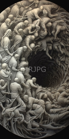 High Resolution: Intricately detailed digital sculpture in grayscale depicting numerous human figures spiraling downward into darkness within circular confines download. | HRJPG.com