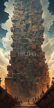High Resolution: Fantasy artwork depicting an enormous towering cityscape made of densely packed buildings rising into cloudy skies at sunset download. | HRJPG.com