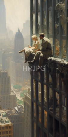 High Resolution: Realistic oil painting depicts two people blonde woman in white dark-haired man with glasses wearing gray clothes sitting on an ornate ledge download. | HRJPG.com