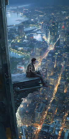 High Resolution: Young man short brown hair wearing an olive green jacket dark pants sitting on a stone ledge overlooking a sprawling city at night download. | HRJPG.com