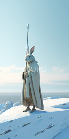 High Resolution: Anthropomorphic rabbit standing on snowy terrain under clear blue sky holding tall staff in right paw beige cloak brown boots download. | HRJPG.com