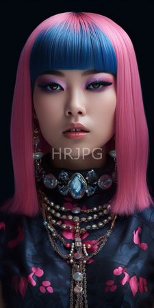 High Resolution: Asian woman with vibrant pink blue bob haircut wearing heavy purple eyeshadow bold eyeliner fair skin adorned in multiple layered necklaces download. | HRJPG.com