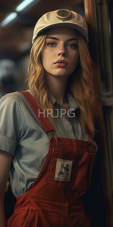 High Resolution: Attractive young woman fair skin long wavy blonde hair wearing red overalls on top of light blue shirt sleeves download. | HRJPG.com