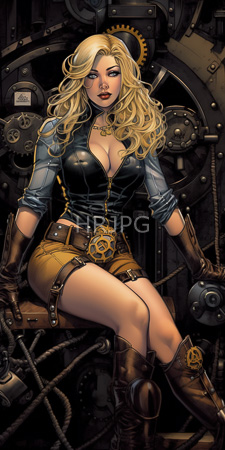 High Resolution: Attractive blonde woman wavy hair blue eyes sitting in front of intricate mechanical gears black zip-up top revealing ample cleavage download. | HRJPG.com