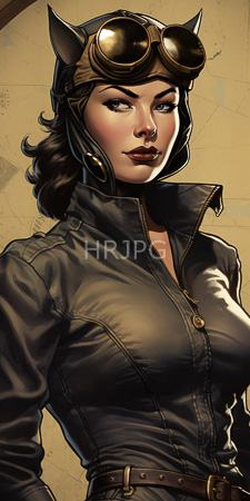 High Resolution: Attractive fair-skinned woman dark brown hair cat ears on her headgear resembling Batman's cowl wears aviator goggles download. | HRJPG.com