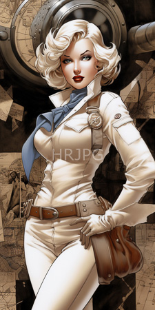 High Resolution: Attractive curvy white woman short platinum blonde hair red lipstick wearing a tight-fitting cream-colored uniform accentuates large breasts download. | HRJPG.com