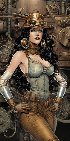 High Resolution: Attractive curvy woman long black curly hair fair skin in steampunk attire wears brown goggles on her hat large gold headphones download. | HRJPG.com