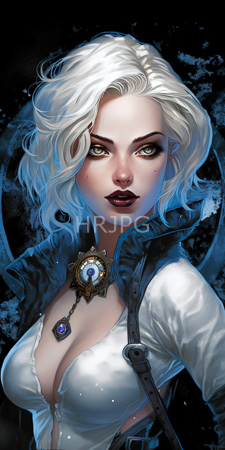 High Resolution: Attractive pale-skinned woman wavy white hair green eyes wearing dark lipstick large breasts visible through her unbuttoned white shirt download. | HRJPG.com