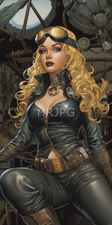 High Resolution: Attractive blonde woman wavy hair wearing black leather outfit and goggles on her head dark lipstick and blue eyes download. | HRJPG.com