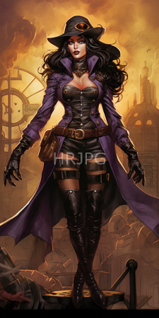 High Resolution: Alluring dark-haired woman in steampunk attire standing confidently smoky industrial background clock towers machinery black leather corset download. | HRJPG.com