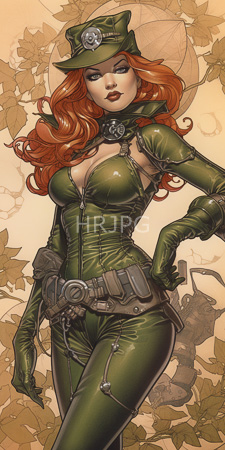 High Resolution: Attractive curvy woman long red hair green eyes wearing a tight-fitting dark-green leather outfit accentuates her large breasts download. | HRJPG.com