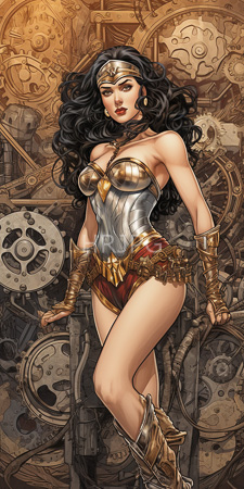 High Resolution: Wonder Woman standing amidst intricate steampunk-style gears and machinery in warm brown tones long black curly hair fair skin download. | HRJPG.com