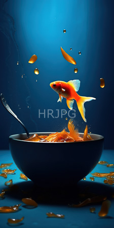 High Resolution: Underwater scene featuring vibrant orange white goldfish leaping from a dark blue bowl filled with water floating fish scales download. | HRJPG.com