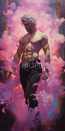 High Resolution: Muscular shirtless man wavy silver hair light skin standing amidst pink smoke clouds wearing black pants ornate belt buckle download. | HRJPG.com