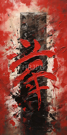High Resolution: Abstract painting featuring bold red brushstrokes in an Asian calligraphic style over black white textured background with splatters of paint download. | HRJPG.com