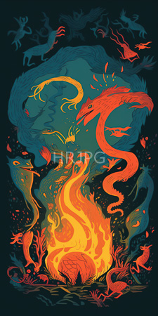 High Resolution: Intense fiery scene with vibrant orange yellow flames at its center swirling blue-green serpentine creatures adorned in red accents download. | HRJPG.com