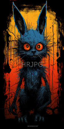 High Resolution: Eerie blue-furred rabbit with large black ears and glowing red eyes against a vibrant orange-yellow gradient background download. | HRJPG.com