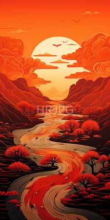 High Resolution: Orange-hued sunset landscape featuring winding river barren trees with red foliage and mountains in shadowed tones download. | HRJPG.com