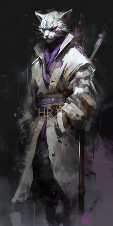 High Resolution: Anthropomorphic white cat with purple eyes wearing a long beige trench coat over dark pants violet kimono-style shirt download. | HRJPG.com