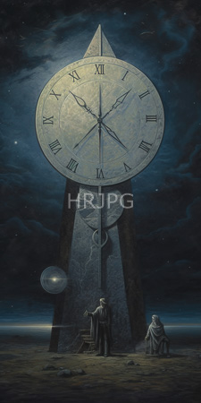 High Resolution: Surreal painting depicts two robed figures standing before an enormous clock tower with Roman numerals under a starry night sky download. | HRJPG.com