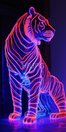 High Resolution: Illuminated neon tiger sculpture featuring vibrant pink blue light trails outlining its muscular form against dark background download. | HRJPG.com
