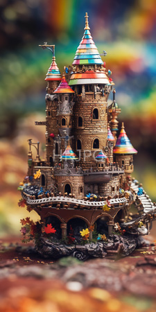 High Resolution: Intricately detailed colorful fantasy castle model with multi-tiered towers adorned in rainbow-hued roofs and stone textures download. | HRJPG.com